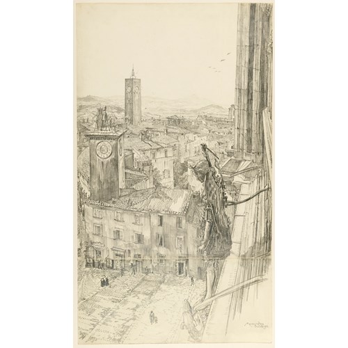 The Bronze Sculpture of Saint Michael and the Dragon on the Façade of the Cathedral of Orvieto, Looking Down on the Piazza del Duomo